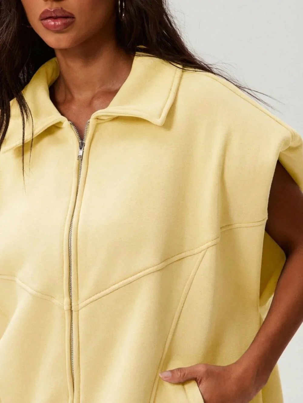 Light Yellow Casual Women's Plain Long Zip-Up Sweatshirt Vest